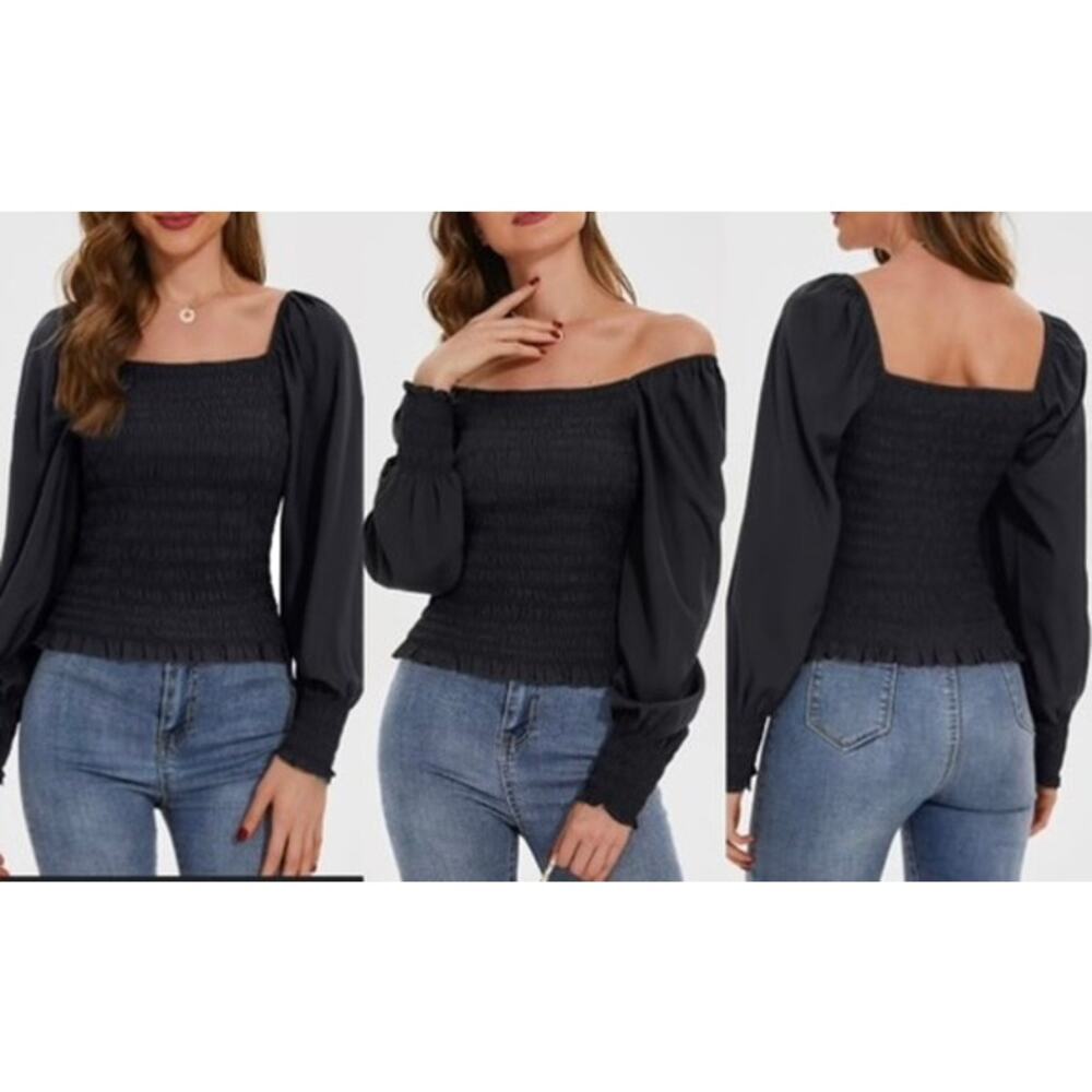 Gianni‎ Bini $79 Angel Blouse Smocked Black Linen Blend SMALL Baddie Preppy NWT